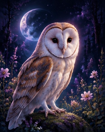 Barn owl in a moonlit enchanted forest