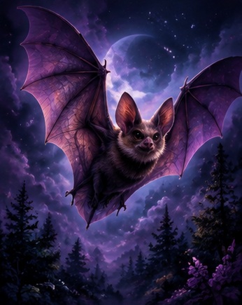 Bat flying through a moonlit enchanted forest