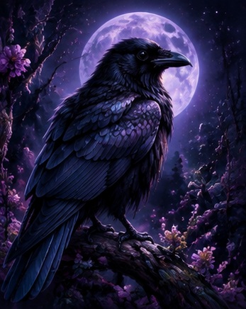 Raven in a moonlit enchanted forest