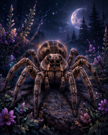 Wolf spider in a moonlit enchanted forest